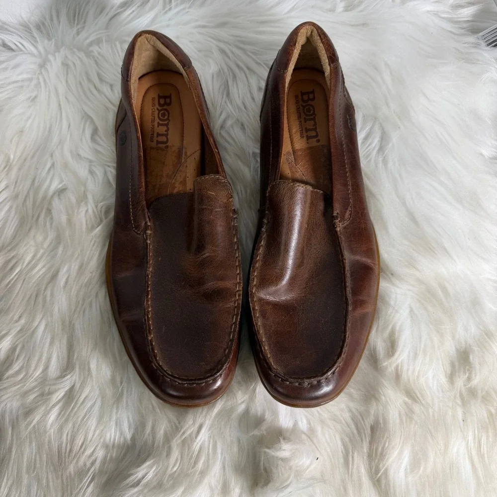 Born Mens Brown Leather Slip On Driving Loafers Moc‎ Toe Shoes H30910 Size 11M